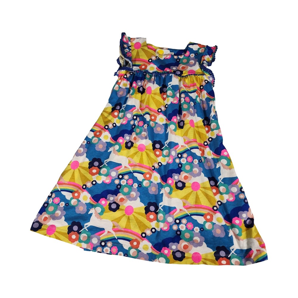 Mini Boden Kids Blue Unicorn Rainbow Floral Flutter Sleeve Dress‎ 9-10Y 140cm